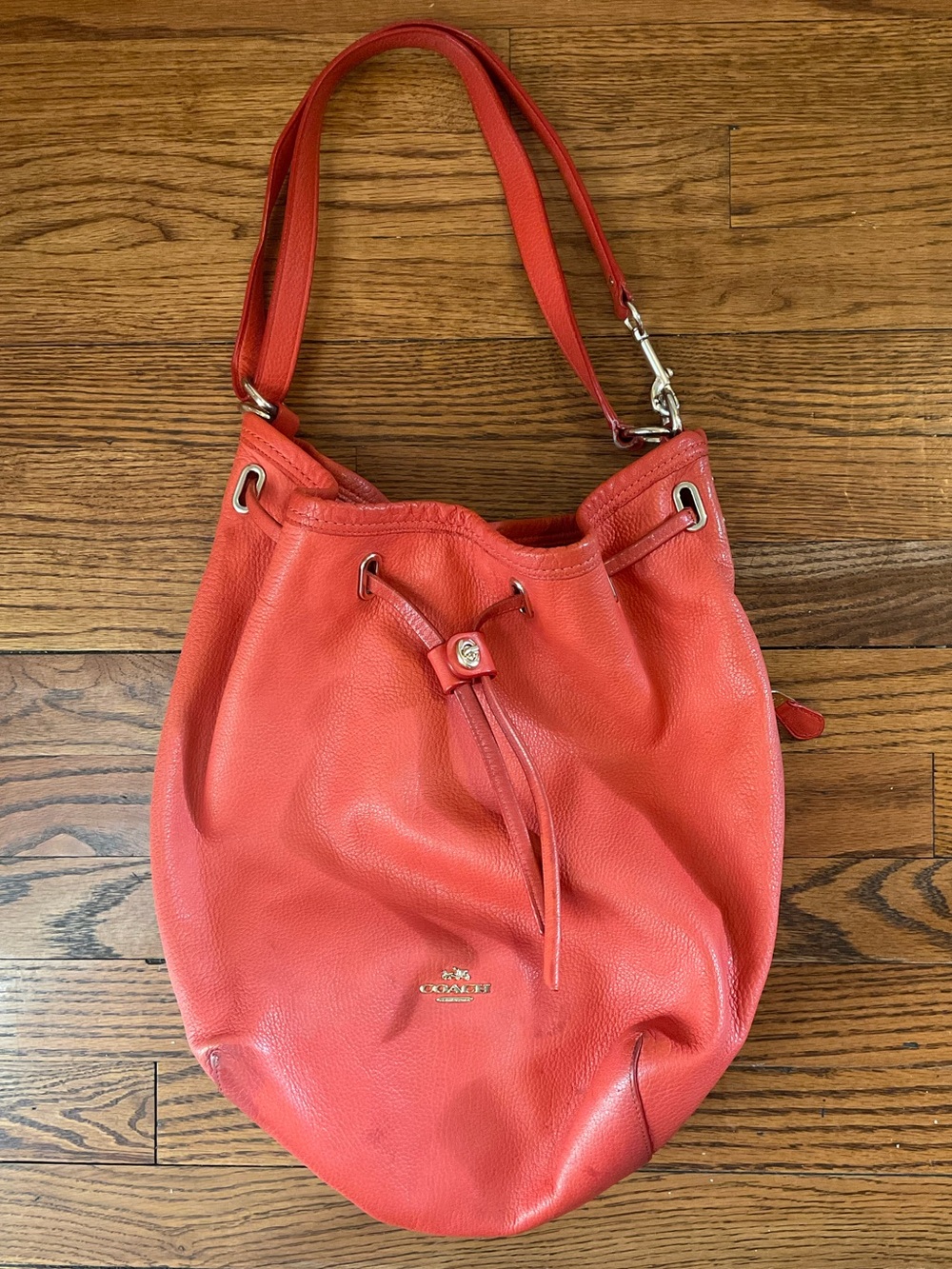 Coach Coral-Red Pebbled Leather Drawstring Hobo